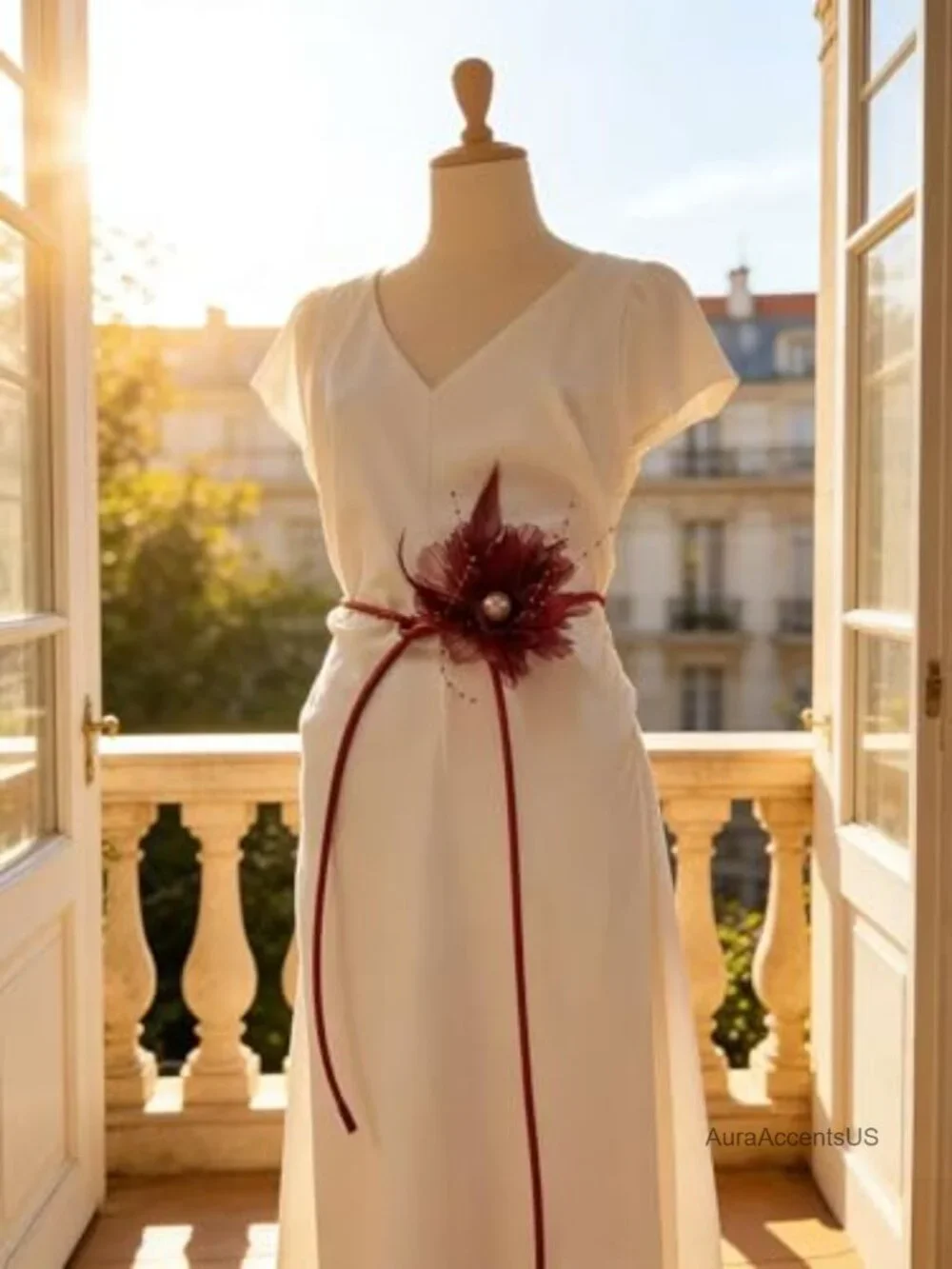 Handcrafted Feather Flower PU Leather Open Tie Waist Belt